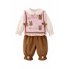3Pcs Set | Pink Brown Knitted Vest, Cream Shirt & Pants Partywear