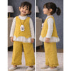 3 Pcs Set | Yellow Layered Top, White T-Shirt With Frill Pants Partywear Set