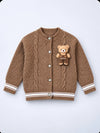 Brown Cable-Knit Winter Cardigan Sweater with Detachable Teddy Clip for Kids