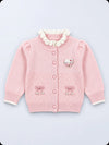 Peach Ruffle Neck Cat Bow Knitted Winter Cardigan Sweater for Girls