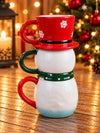 Snowman Themed 3-Piece Stackable Ceramic Christmas Hot Chocolate & Coffee Mugs Set, 9.5 inches ht