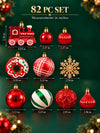82 pcs Donut Express Red & Green Christmas Tree Ornaments, Xmas Tree Decoration Balls Set