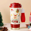 Deer Happy, Red Lid Christmas Themed Stainless Steel Coffee/Water Tumbler Bottle | 500Ml With Free Cleaning Brush