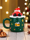 Green Santa Face Ceramic Hot Chocolate and Coffee Christmas Mug with 3D Lying Santa Lid & Spoon