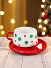 Polka Dots Christmas Themed Ceramic Cup with 3D Santa Saucer & Spoon Set