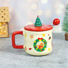 Snowman With Tree Ceramic Christmas Coffee And Hot Chocolate Mug With 3D Christmas Tree Lid And Stainless Spoon.