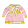 Pink & Mustard Big Bow & Stripes Sailor Neck Winter Wear Frock