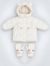 Ivory Cat Glitter Quilted Hooded Winter Jacket with Mittens for Kids