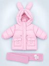 Pink Bunny Glitter Quilted Hooded Winter Jacket with Muffler for Kids