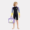 Dive 2-Piece set Black & Yellow Stamps Front-Zip Jacket Printed with Knee Length Shorts, 2.5mm Neoprene Kids Swimsuit with Free Washbag