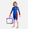 Dive 2-Piece set, Cobalt & Red Stamps Front-Zip Jacket with Knee Length Shorts, 2.5mm Neoprene Kids Swimsuit with Free Washbag