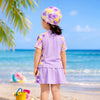 2 Pcs Top & Skort Set Purple Tie-Dye Side Panel UPF 50+ Swimwear with Matching Swim Cap for Girls With Free Wash Bag