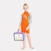 Orange “She's So Lucky” Printed Full Sleeves, Knee Length Kids Swimwear in Upf 50+ Fabric with Swim Cap & Free Washbag