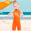 Orange “She's So Lucky” Printed Full Sleeves, Knee Length Kids Swimwear in Upf 50+ Fabric with Swim Cap & Free Washbag