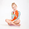 Orange “She's So Lucky” Printed Full Sleeves, Knee Length Kids Swimwear in Upf 50+ Fabric with Swim Cap & Free Washbag