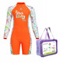 Orange “She's So Lucky” Printed Full Sleeves, Knee Length Kids Swimwear in Upf 50+ Fabric with Swim Cap & Free Washbag
