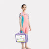 Pink Multi-Color Toy Play Printed, Half Sleeves, Knee Length Kids Swimwear in Upf 50+ Fabric with Swim Cap & Free Washbag