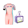Pink Multi-Color Toy Play Printed, Half Sleeves, Knee Length Kids Swimwear in Upf 50+ Fabric with Swim Cap & Free Washbag