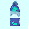 2Pcs Blue Green Face Dino Themed Beanie Winter Cap With Matching Neck Cuff Style Muffler