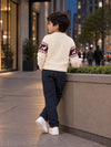 Cream, Maroon & Navy Pattern Knitted Winter Cardigan, Christmas Sweater for Kids