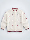 Cream & Maroon Mini Hearts Knitted Winter Cardigan, Christmas Sweater for Kids