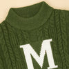 Olive Letter “M” Cable-Knit Cardigan