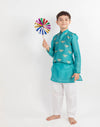 Teal Blue Embroidered Kurta-Jacket Set -3 Pc