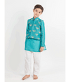 Teal Blue Embroidered Kurta-Jacket Set -3 Pc