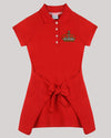 Red Polo Dress With Front Tie-Up Knot And Hand-Embellished Crown Motif