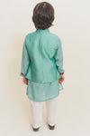 Kurta, Jacket And Pant Set- Aqua Blue- White