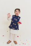 Kurta, Jacket And Pant Set- Navyblue- White