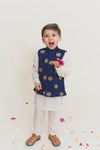 Kurta, Jacket And Pant Set- Navyblue- White