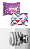 The Cushy Closer Door Cushion- Purple Polka With Triangles
