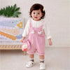 Pastel Pink Duck Dungaree With Frill T-Shirt And Matching Sling Bag