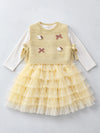 Light Green Kitty Knitted Vest & White-Yellow Ruffle Frock Winterwear 2 Pcs Set for Girls
