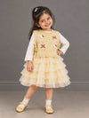 Light Green Kitty Knitted Vest & White-Yellow Ruffle Frock Winterwear 2 Pcs Set for Girls