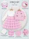 Pink Kitty Knitted Vest & White-Pink Ruffle Frock Winterwear 2 Pcs Set for Girls