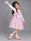 Pink Kitty Knitted Vest & White-Pink Ruffle Frock Winterwear 2 Pcs Set for Girls