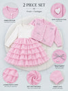 Pink Pearl & Silver Bow Cardigan & White-Pink Ruffle Frock, Winterwear 2 Pcs Set for Girls