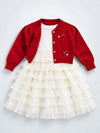 Red 3D Bow Cardigan & White-Ivory Ruffle Frock, Winterwear 2 Pcs Set for Girls