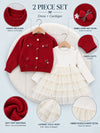 Red 3D Bow Cardigan & White-Ivory Ruffle Frock, Winterwear 2 Pcs Set for Girls