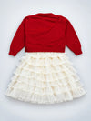 Red 3D Bow Cardigan & White-Ivory Ruffle Frock, Winterwear 2 Pcs Set for Girls