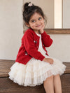 Red 3D Bow Cardigan & White-Ivory Ruffle Frock, Winterwear 2 Pcs Set for Girls