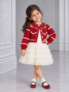 Red Strawberry Cardigan & White-Ivory Ruffle Frock, Winterwear 2 Pcs Set for Girls