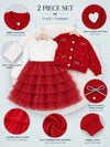 Red Pearl & Silver Bow Cardigan & White-Red Ruffle Frock, Winterwear 2 Pcs Set for Girls