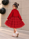 Red Pearl & Silver Bow Cardigan & White-Red Ruffle Frock, Winterwear 2 Pcs Set for Girls
