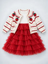 White Strawberry Cardigan & White-Red Ruffle Frock, Winterwear 2 Pcs Set for Girls