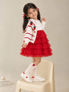 White Strawberry Cardigan & White-Red Ruffle Frock, Winterwear 2 Pcs Set for Girls