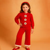 2 Pcs Red 3 Flower Sweater Top & Flare Pant