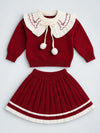 Maroon Ruffle-Collar Sweater & Pleated Skirt with Bow Pom-Pom Clip, Winterwear 2 Pcs Set for Girls